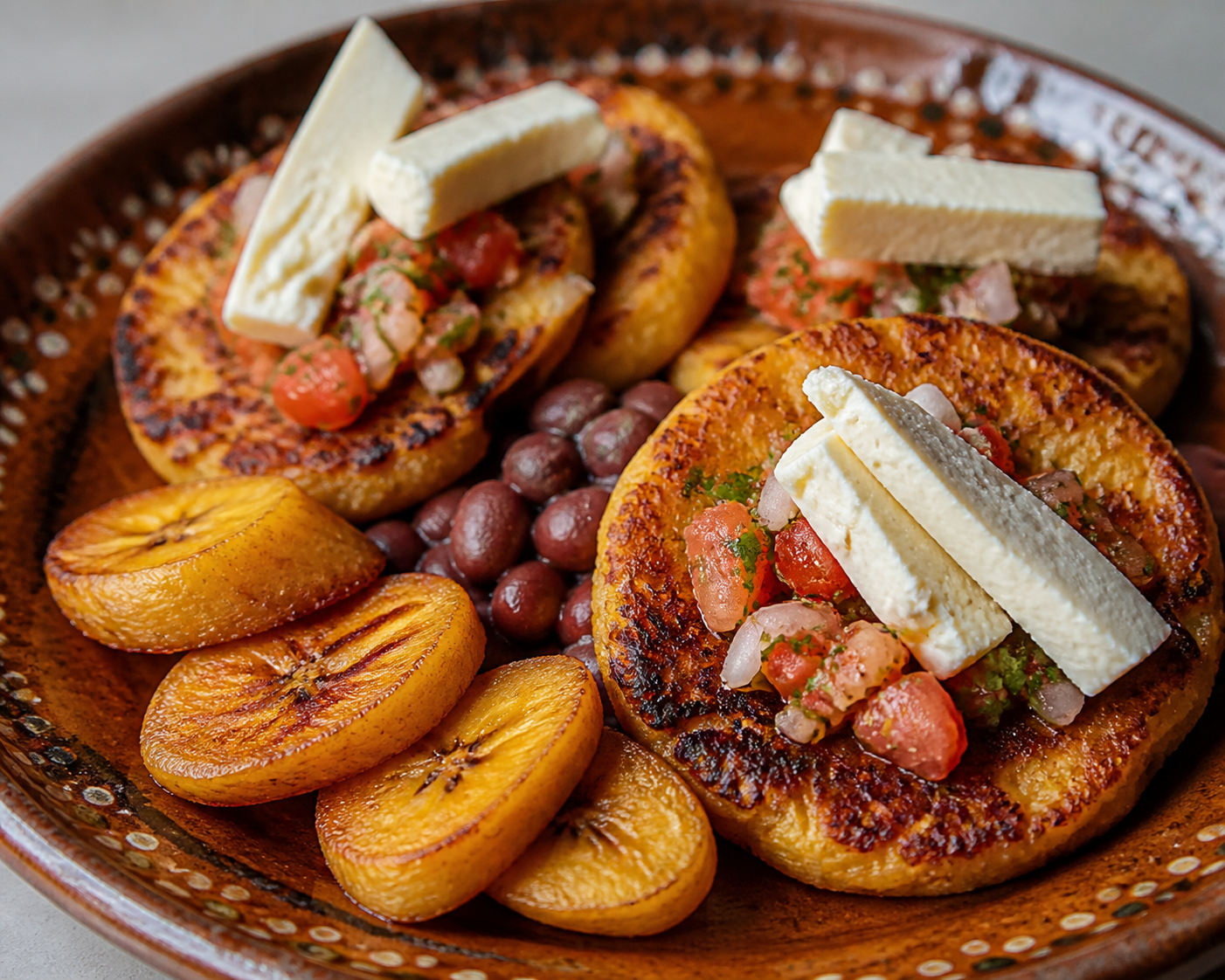 Tortitas salvadoreñas de plátano maduro y frijol rojo con queso duro blando y chirmol de tomate asado