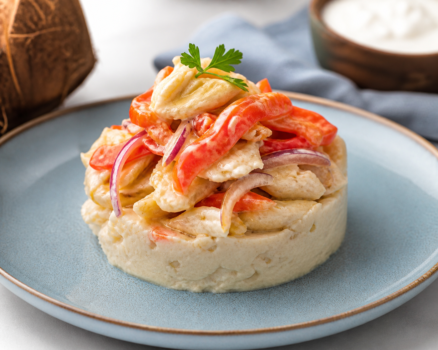 Dominican Taro Root Timbale with Coconut Cod and Sweet Peppers
