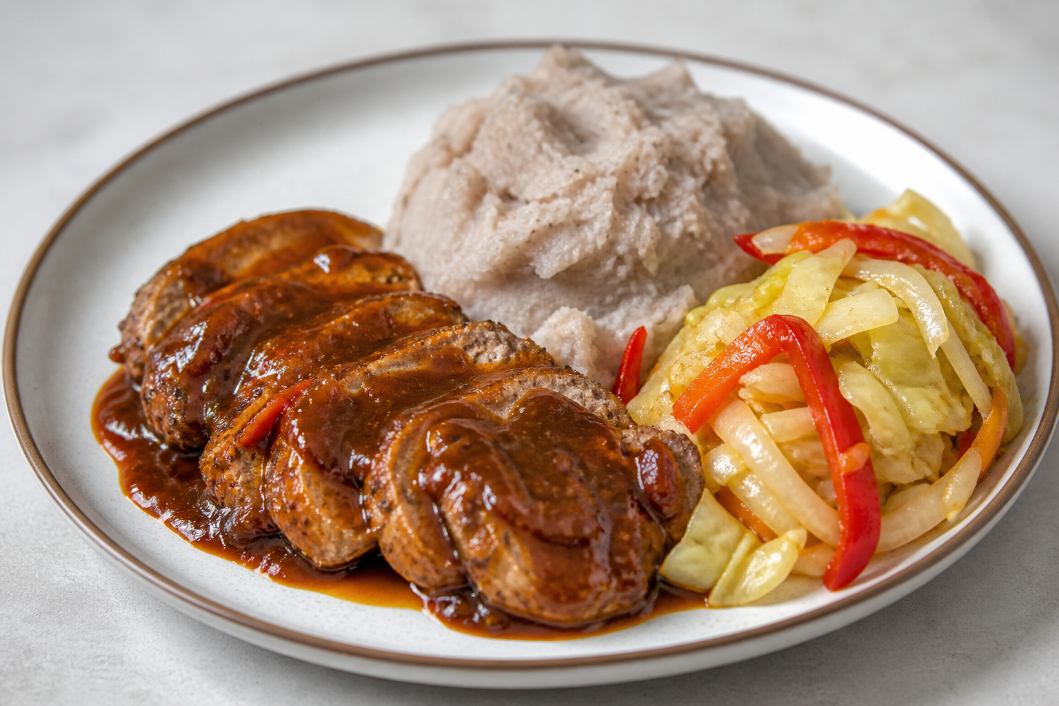 Dominican Pork Tenderloin in Tamarind and Sweet Pepper Sauce with Mashed Taro and Warm Cabbage Salad