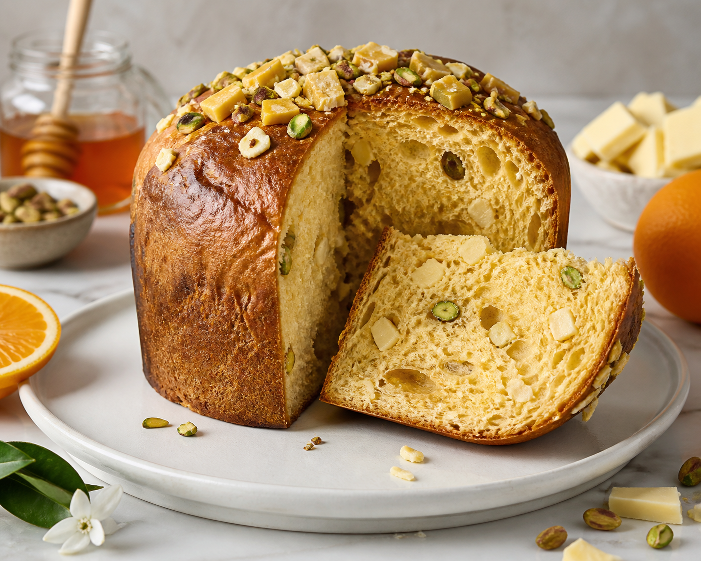 Panettone de Miel de Naranja, Pistacho y Chocolate Blanco