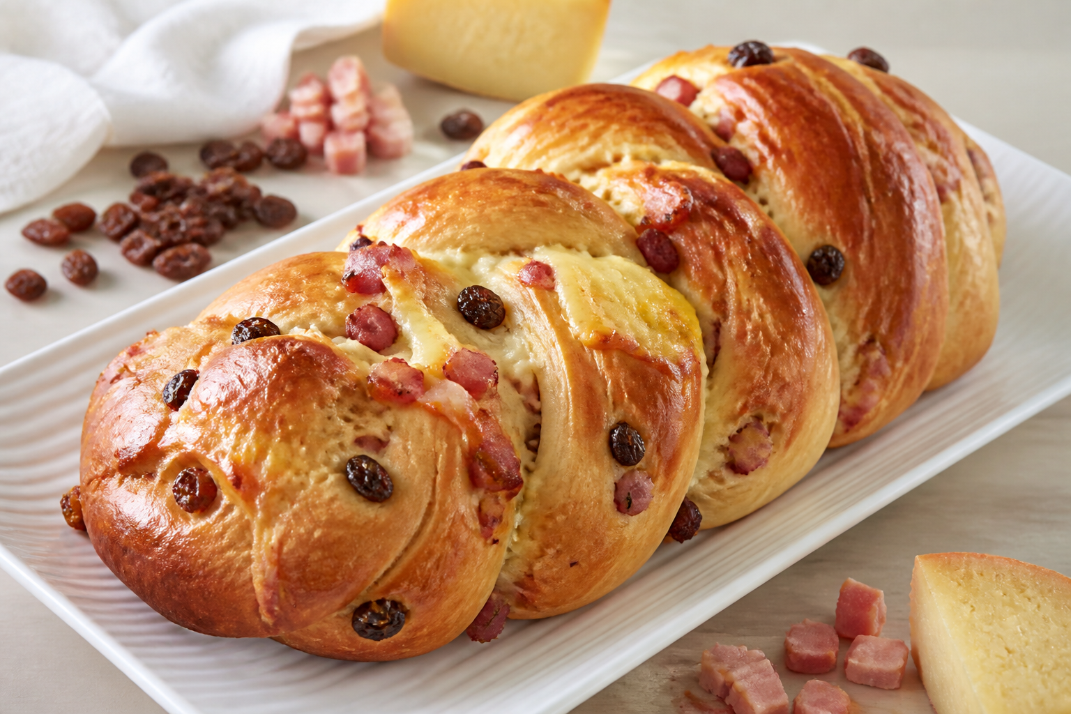 Braided Christmas Ham Bread with Raisins, Bacon and Smoked Cheese