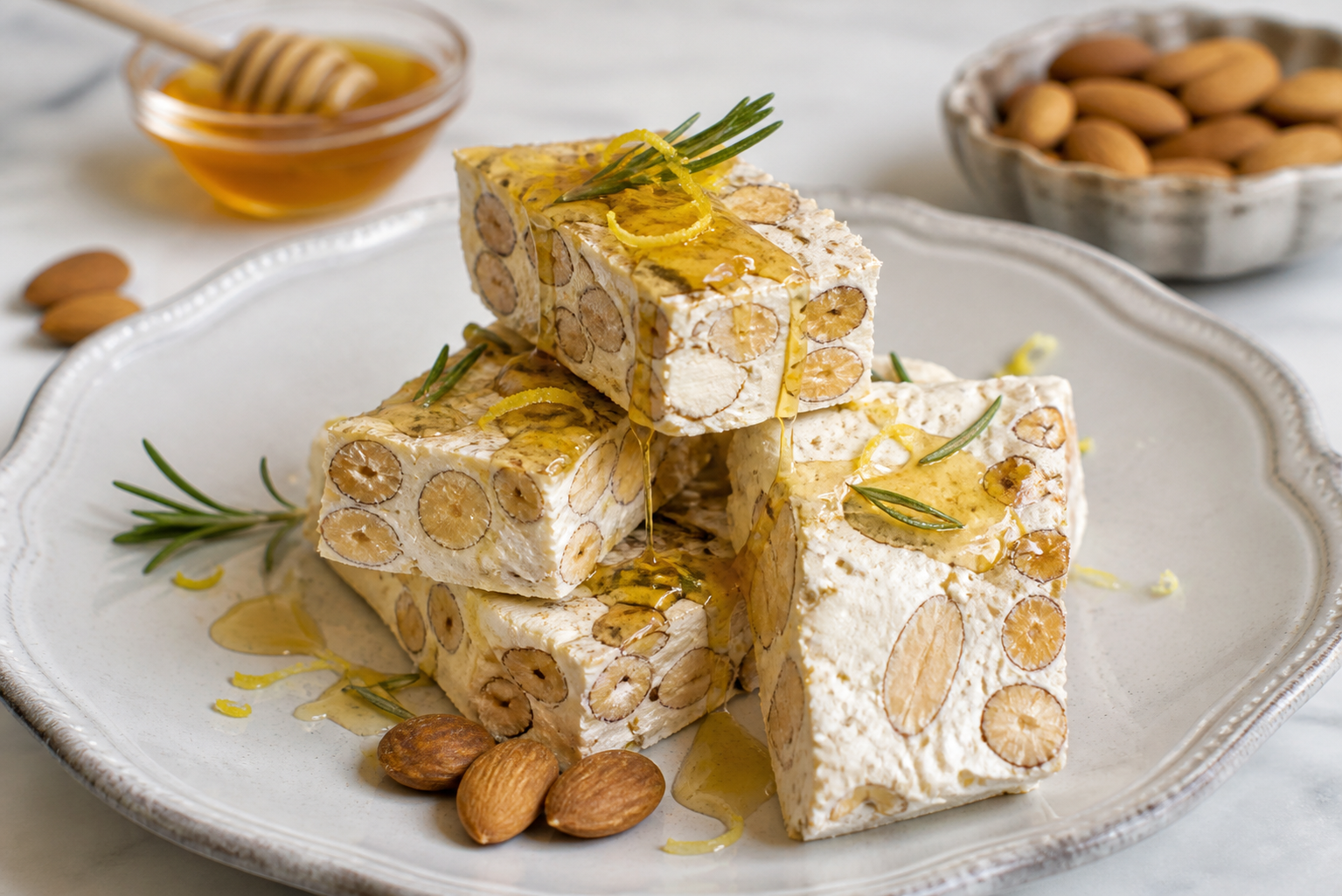 Crunchy Almond Nougat with Rosemary Honey and Lemon Zest