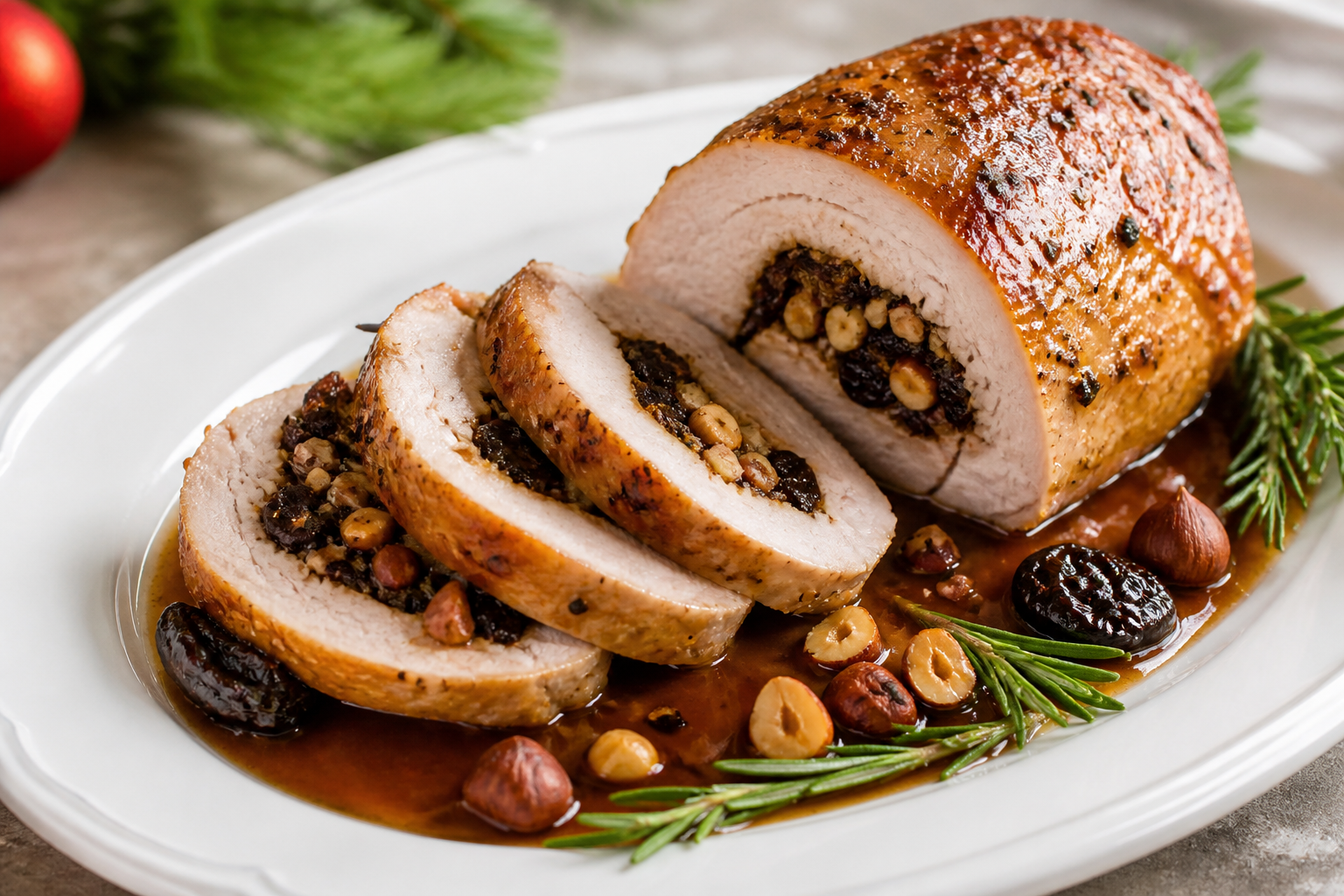 Lomo de cerdo navideño relleno de ciruelas, avellanas y romero con salsa de sidra especiada