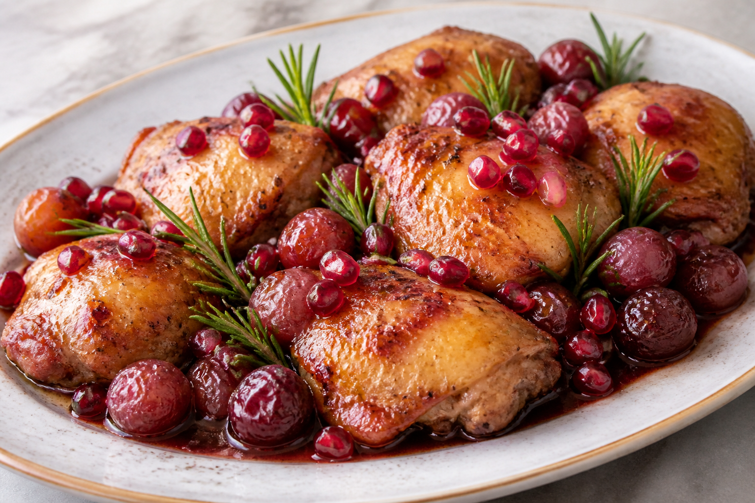 Pollo navideño glaseado con granada, romero y uvas asadas