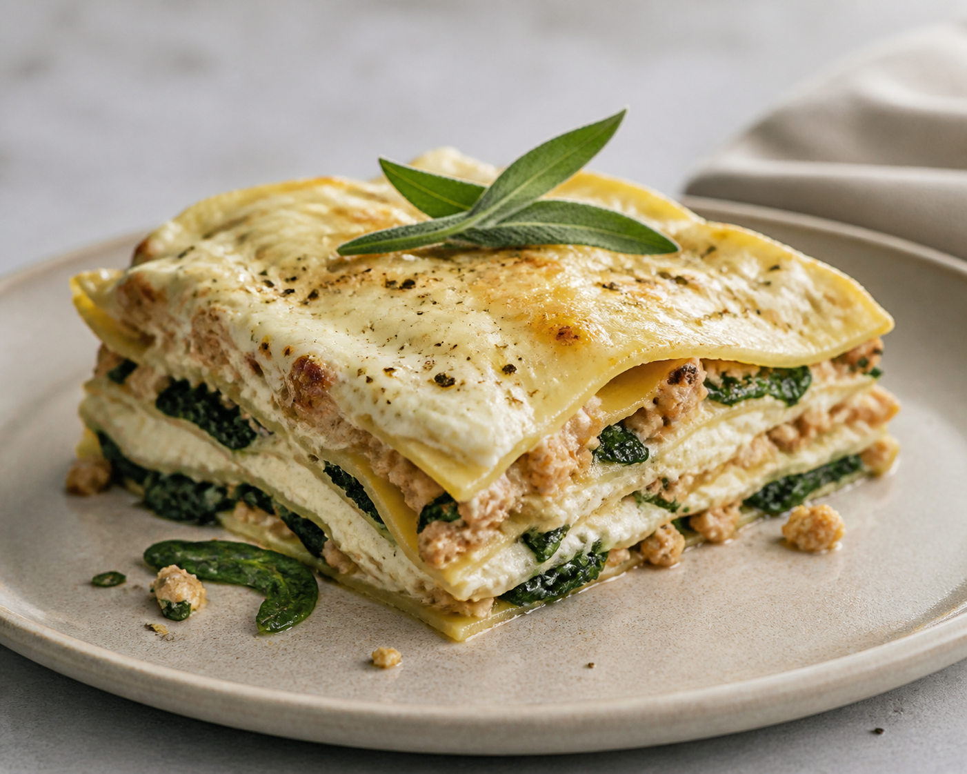 Lasaña navideña de pavo, espinaca, ricotta cítrica y bechamel de salvia