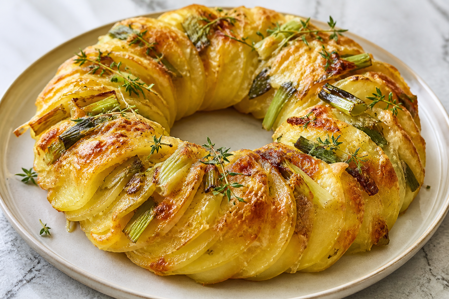 Corona navideña de papas dauphinoise con puerro confitado, gruyere y tomillo