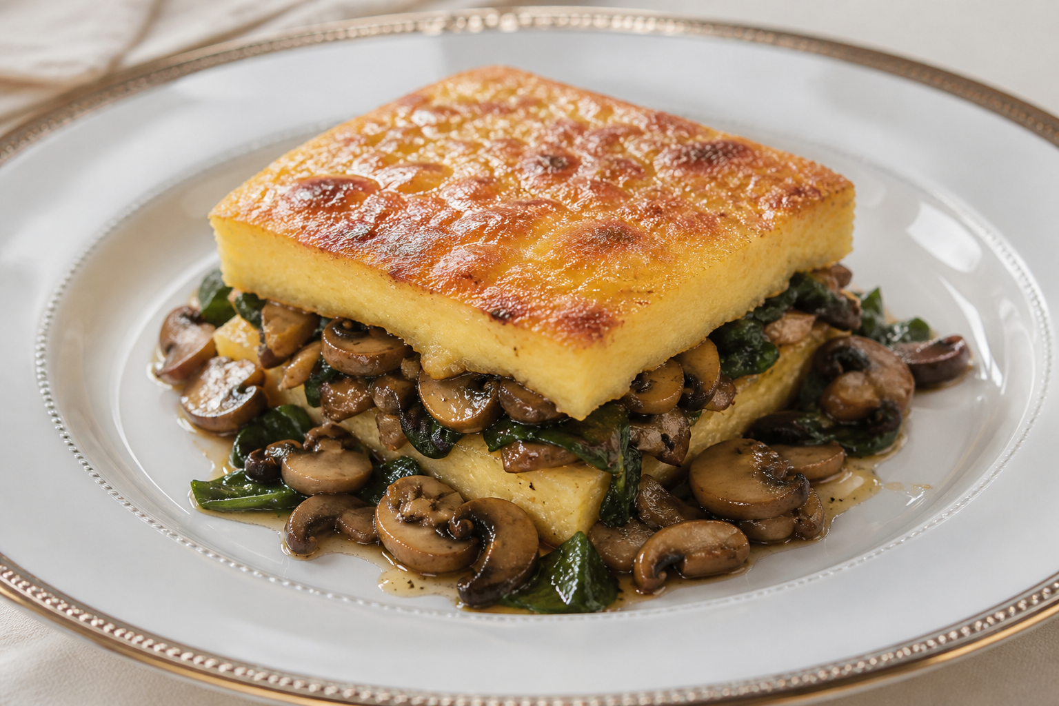 Pavé navideño de polenta cremosa con ragú de setas, espinaca y costra dorada de provolone