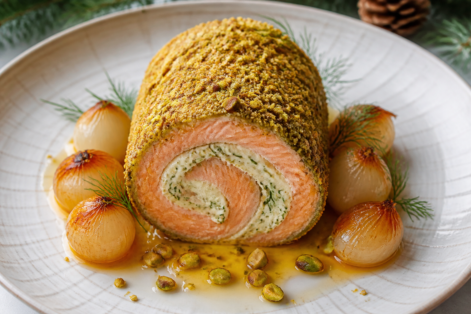 Christmas salmon roulade with pistachio crust, dill butter, and glazed baby onions