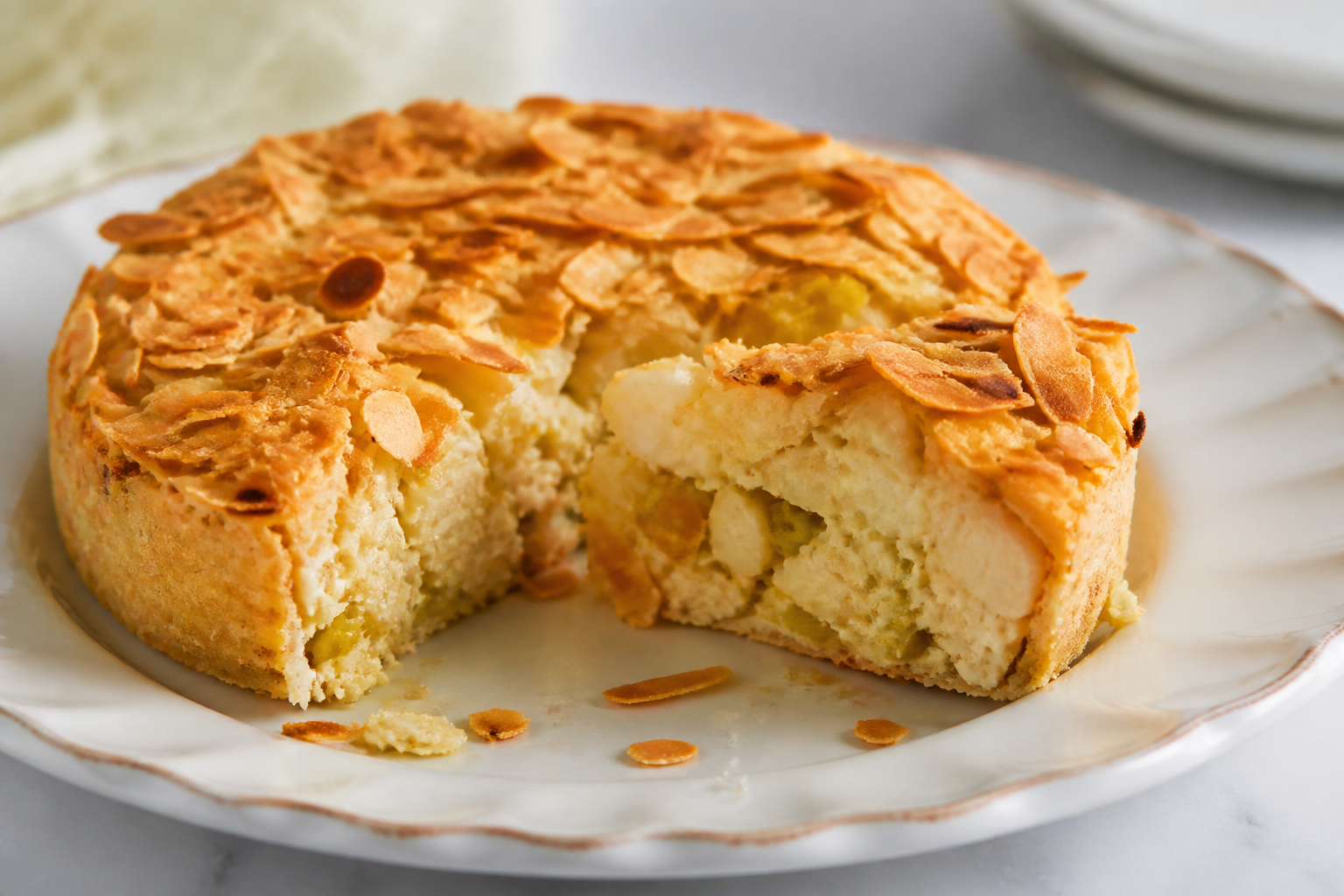 Pastel navideño de coliflor y bacalao ahumado con costra de almendra y puerro
