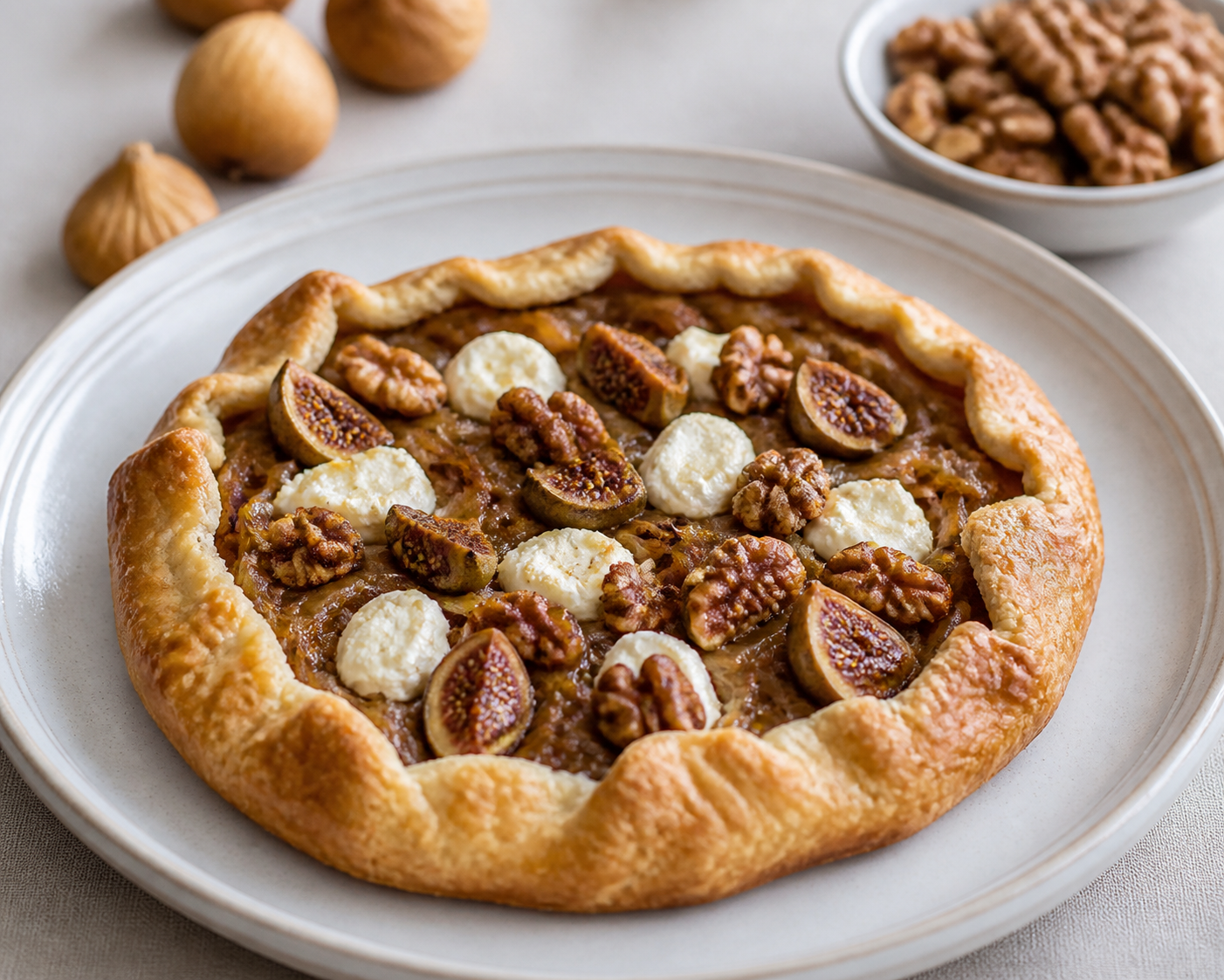 Galette navideña de cebollas caramelizadas, queso de cabra, higos secos y nueces especiadas