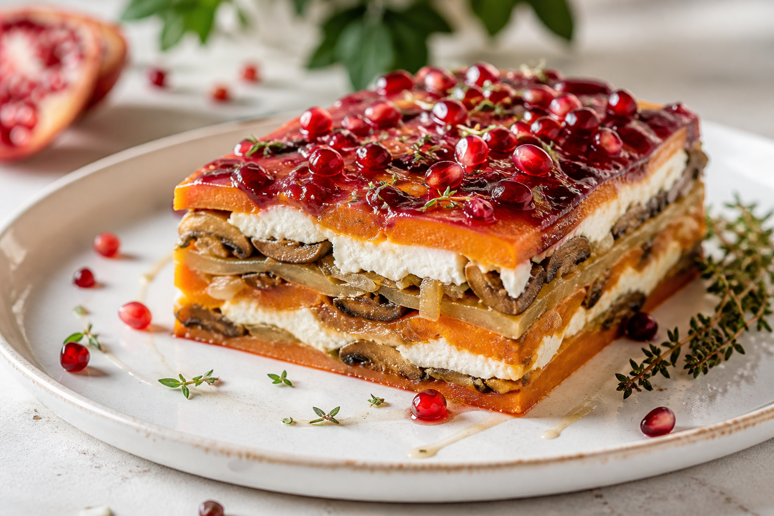 Christmas sweet potato, mushroom and goat cheese terrine with pomegranate-thyme glaze