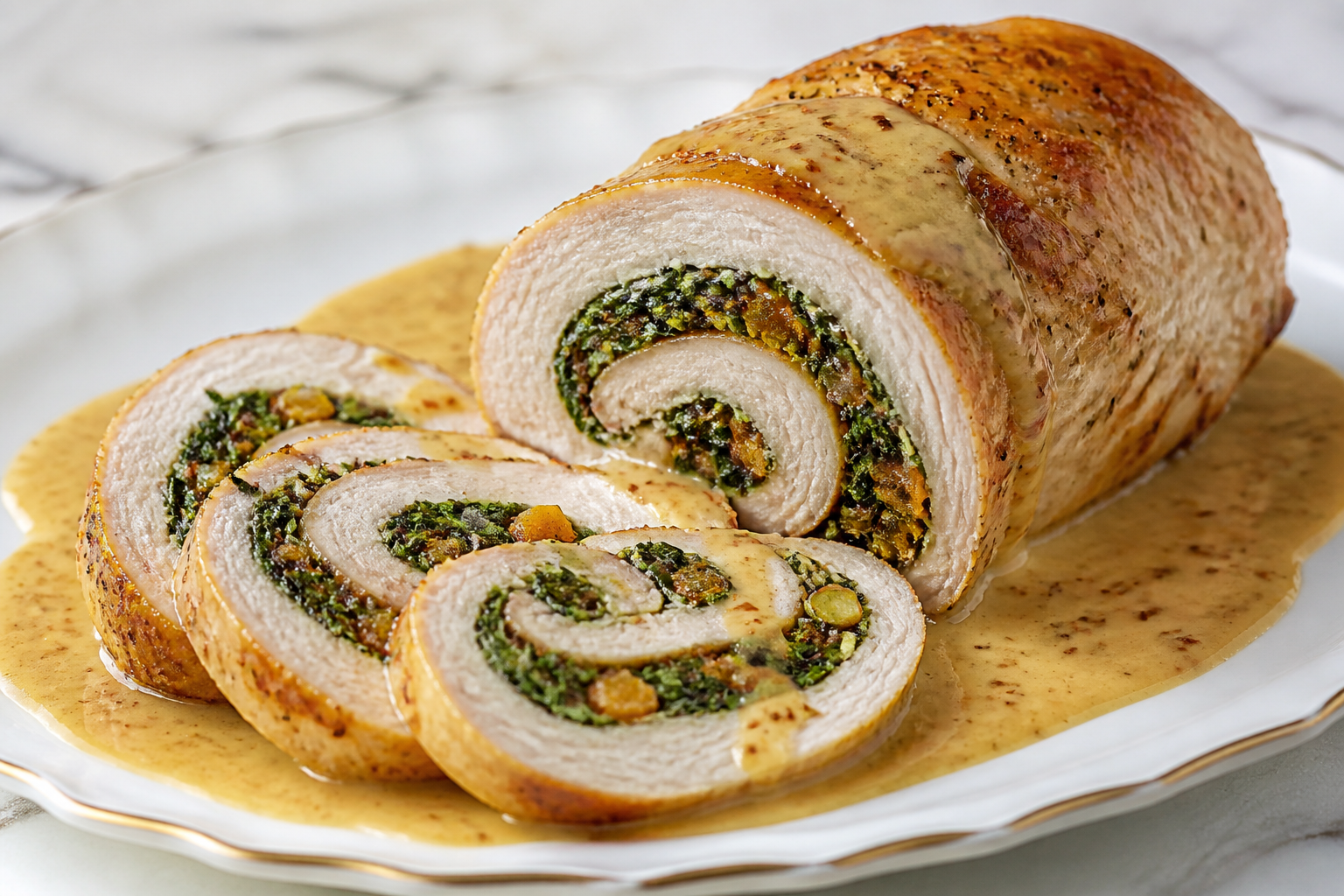Roulade navideña de pavo con espinaca, albaricoque y pistacho en salsa cremosa de mostaza y sidra