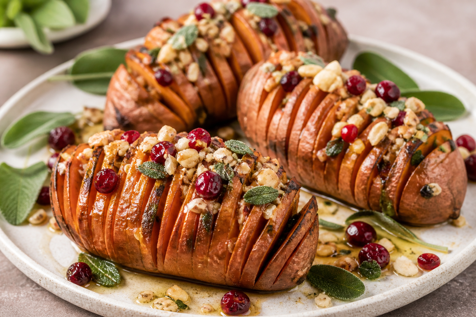 Corazón navideño de camote hasselback con mantequilla de salvia, arándanos y avellanas crujientes