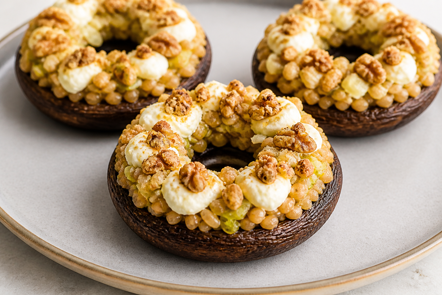 Corona navideña de portobellos rellenos con farro cremoso, mascarpone de limón y migas de nuez