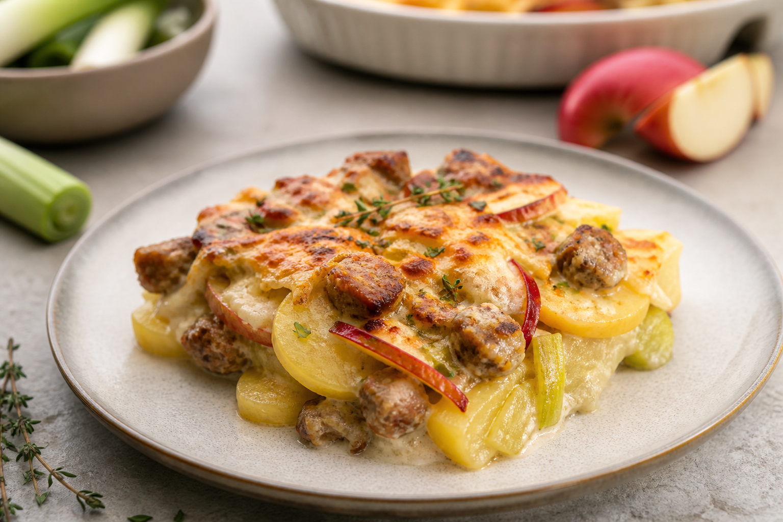 Pastel navideño de papas y puerros con salchicha especiada, manzana caramelizada y costra de cheddar