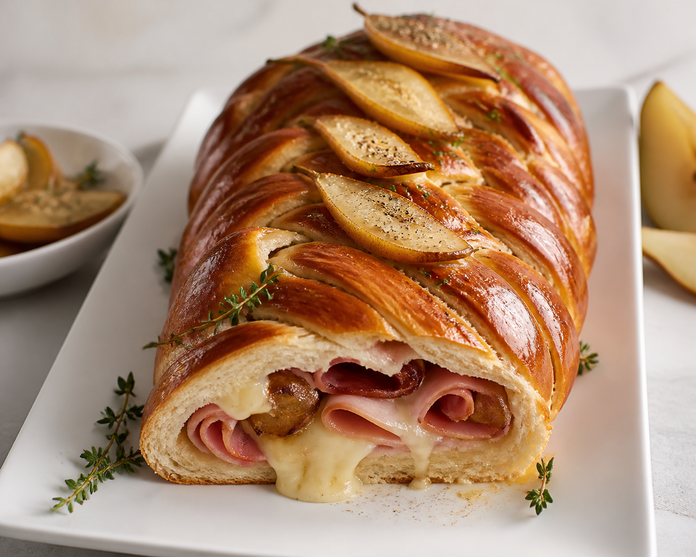 Trenza navideña de brioche salado con jamón glaseado, peras asadas y crema de gruyère