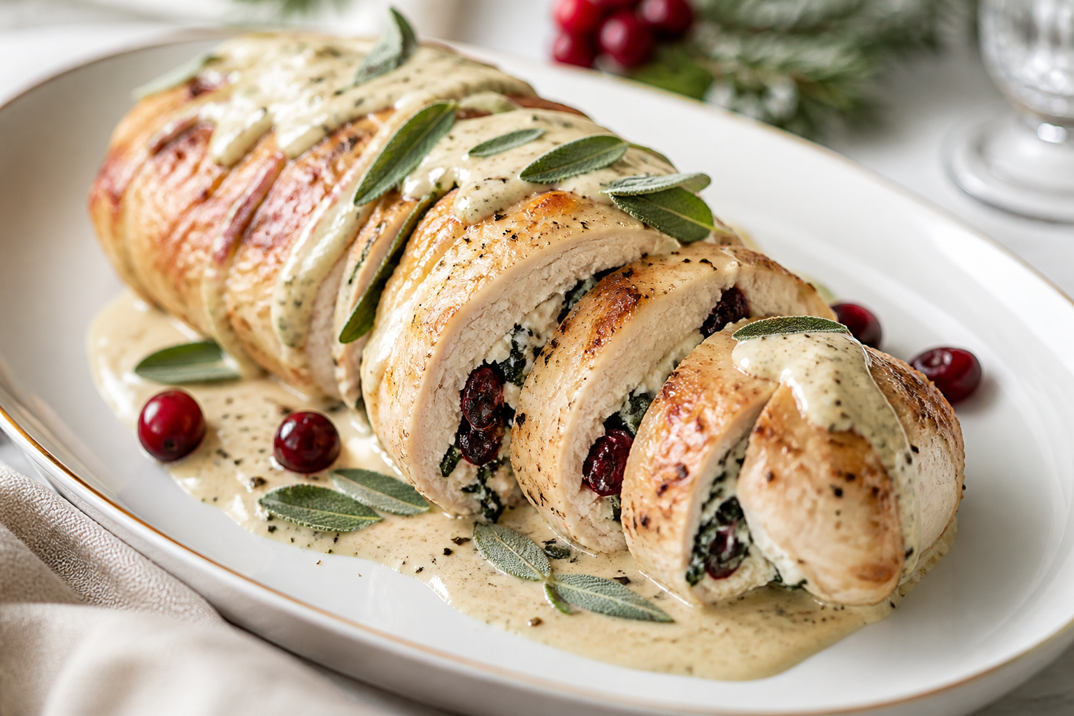 Rollo navideño de pollo relleno de ricotta, espinaca y arándanos con salsa cremosa de vino blanco y salvia