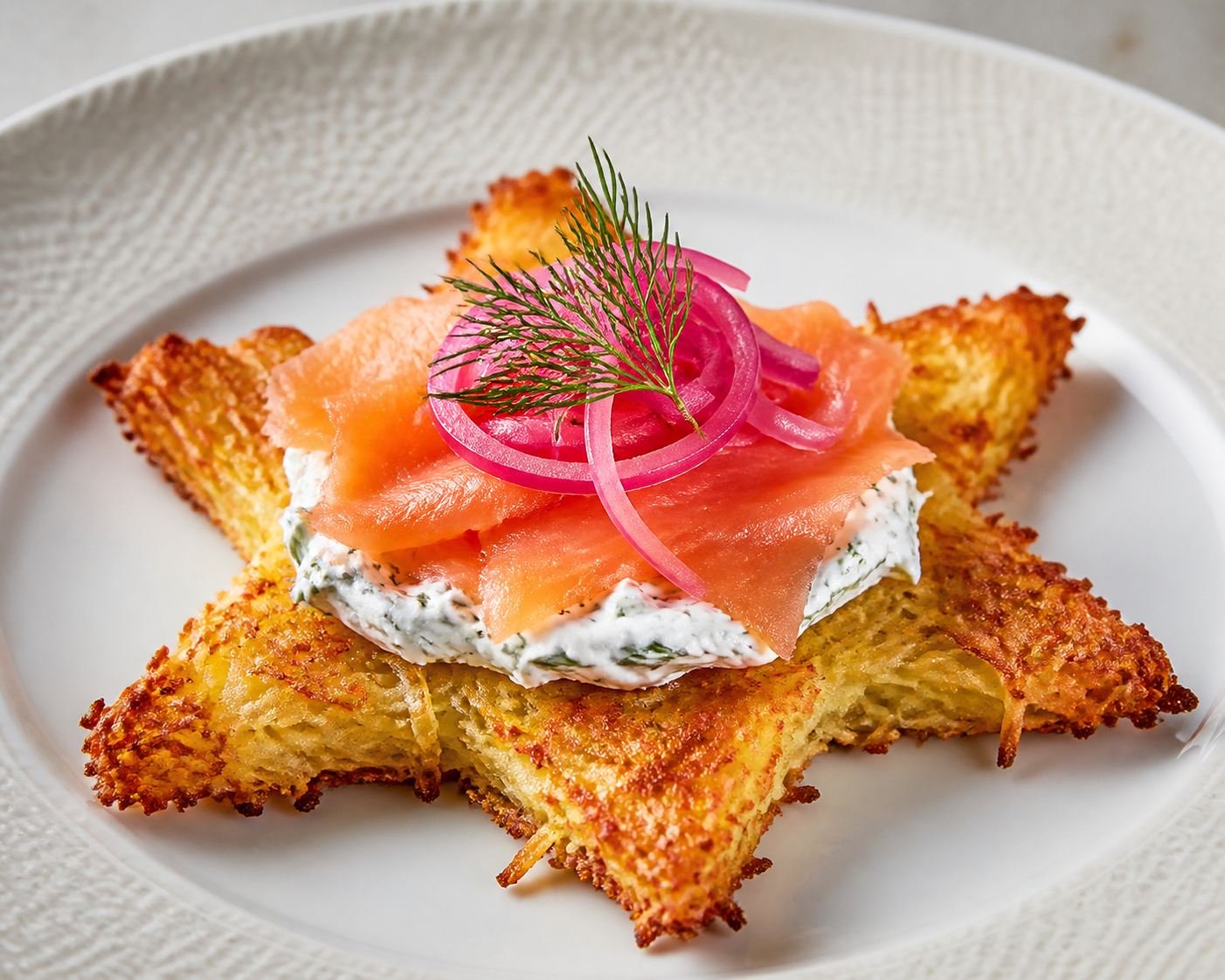 Christmas Rösti Potato Star with Smoked Salmon, Dill Cream and Pickled Red Onion