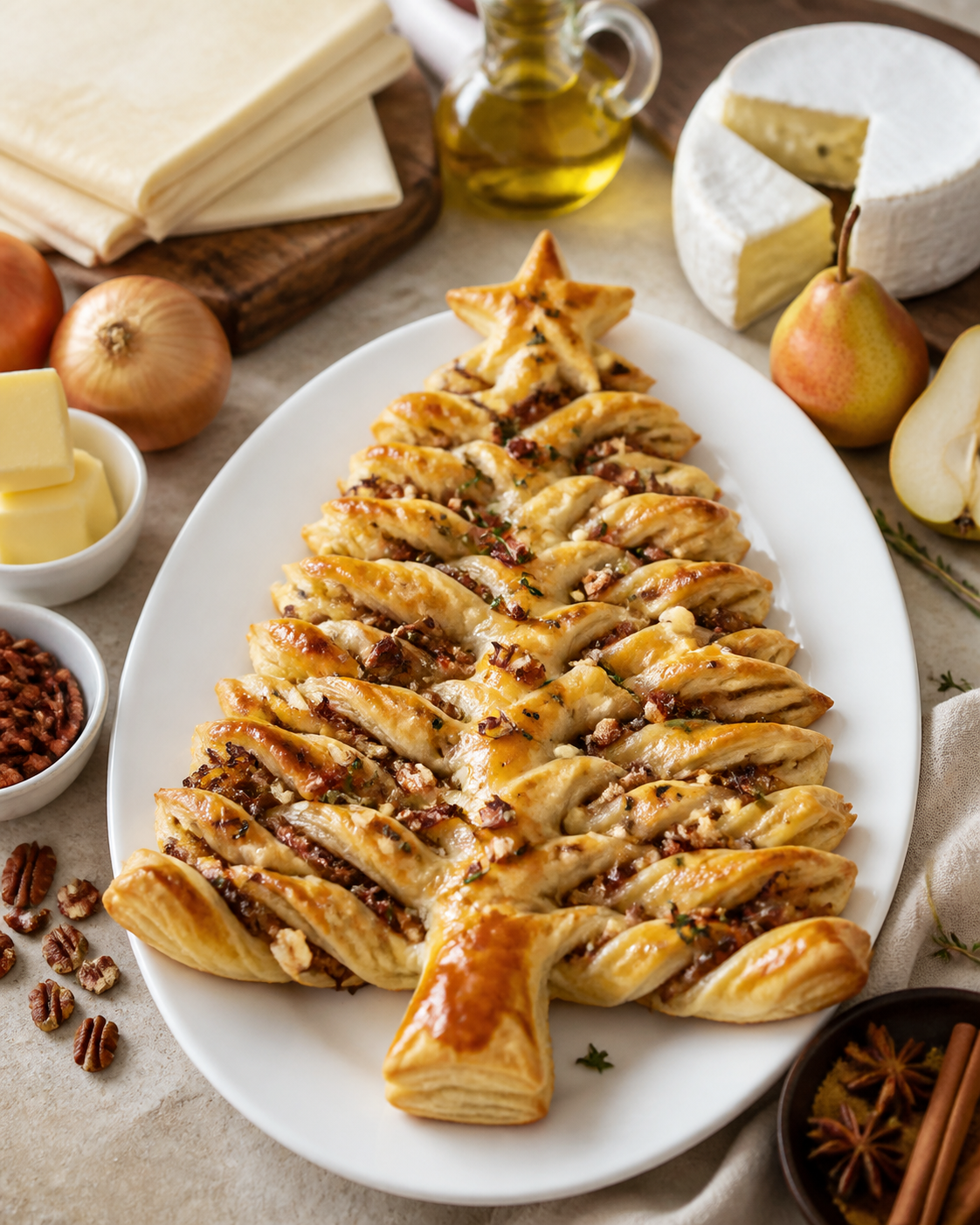 Árbol navideño de hojaldre con cebollas caramelizadas, brie, pera especiada y nuez pecana