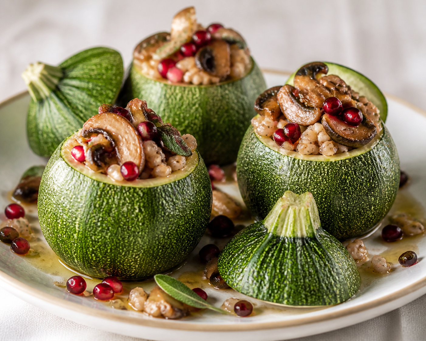 Christmas Moon Zucchini Boats with Creamy Barley, Golden Mushrooms and Sage Butter with Pomegranate