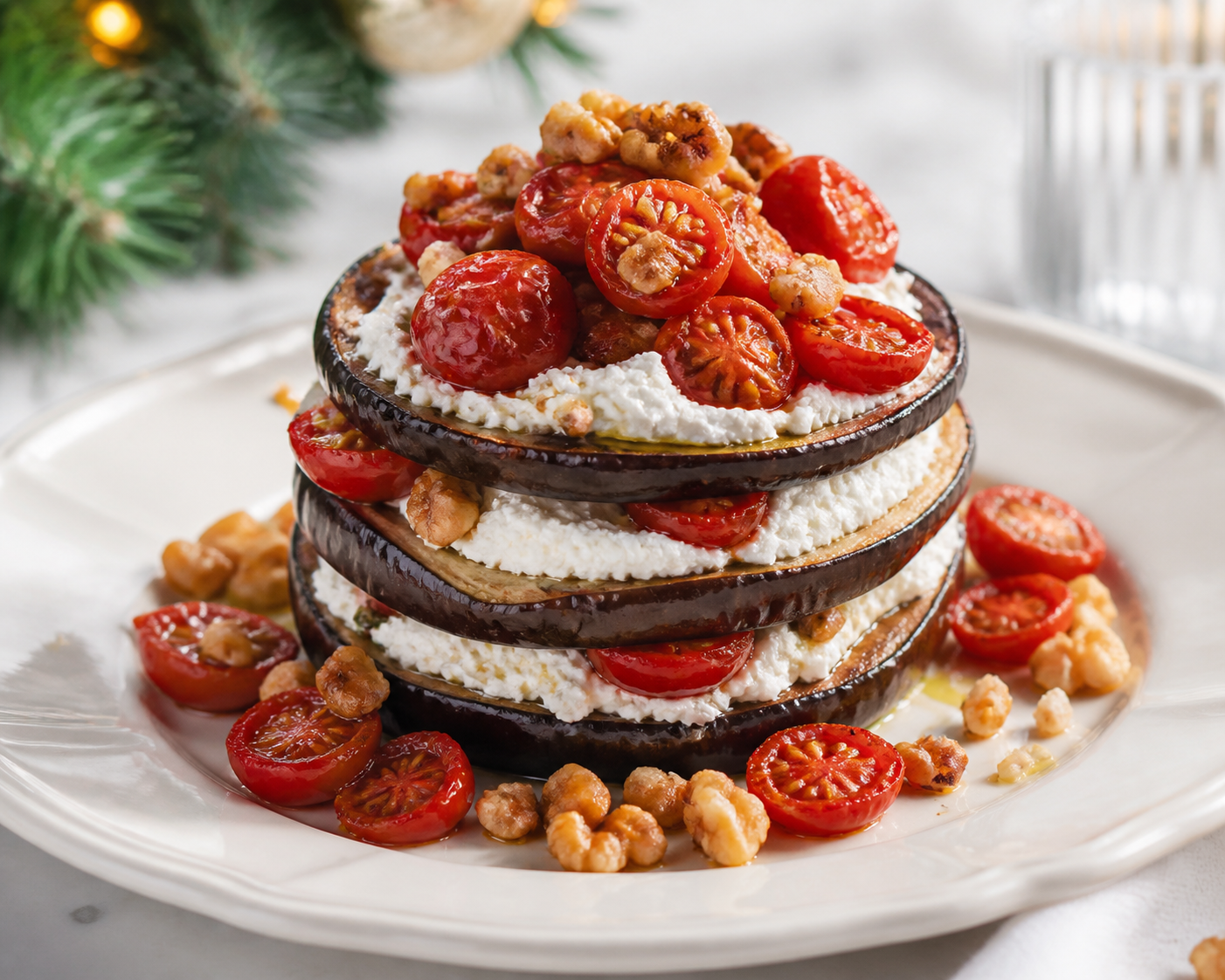 Torre navideña de berenjena asada con ricotta de limón, tomate confitado y crocante de nuez