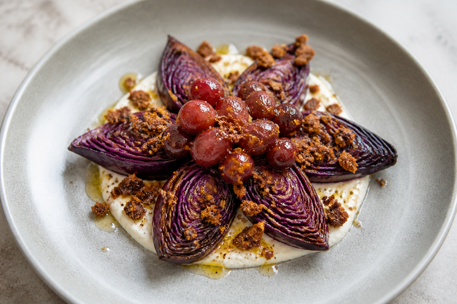 Estrella navideña de col lombarda asada con ricotta batida, uvas especiadas y migas crujientes de centeno