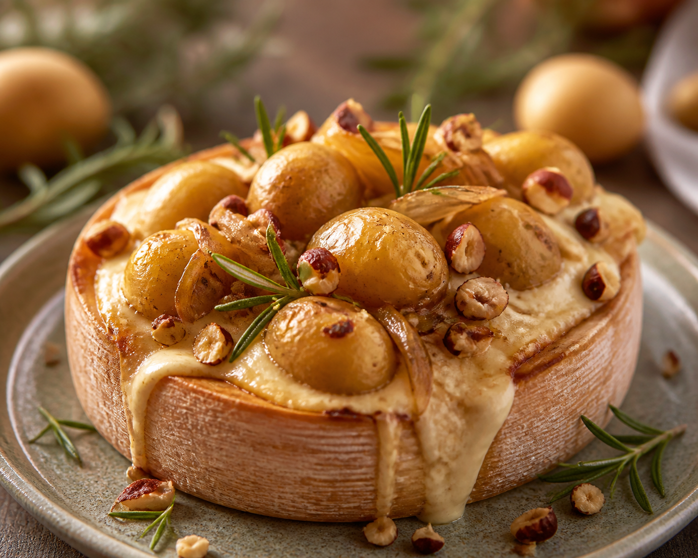 Christmas potato and raclette wheel with balsamic onions, rosemary, and crunchy hazelnuts