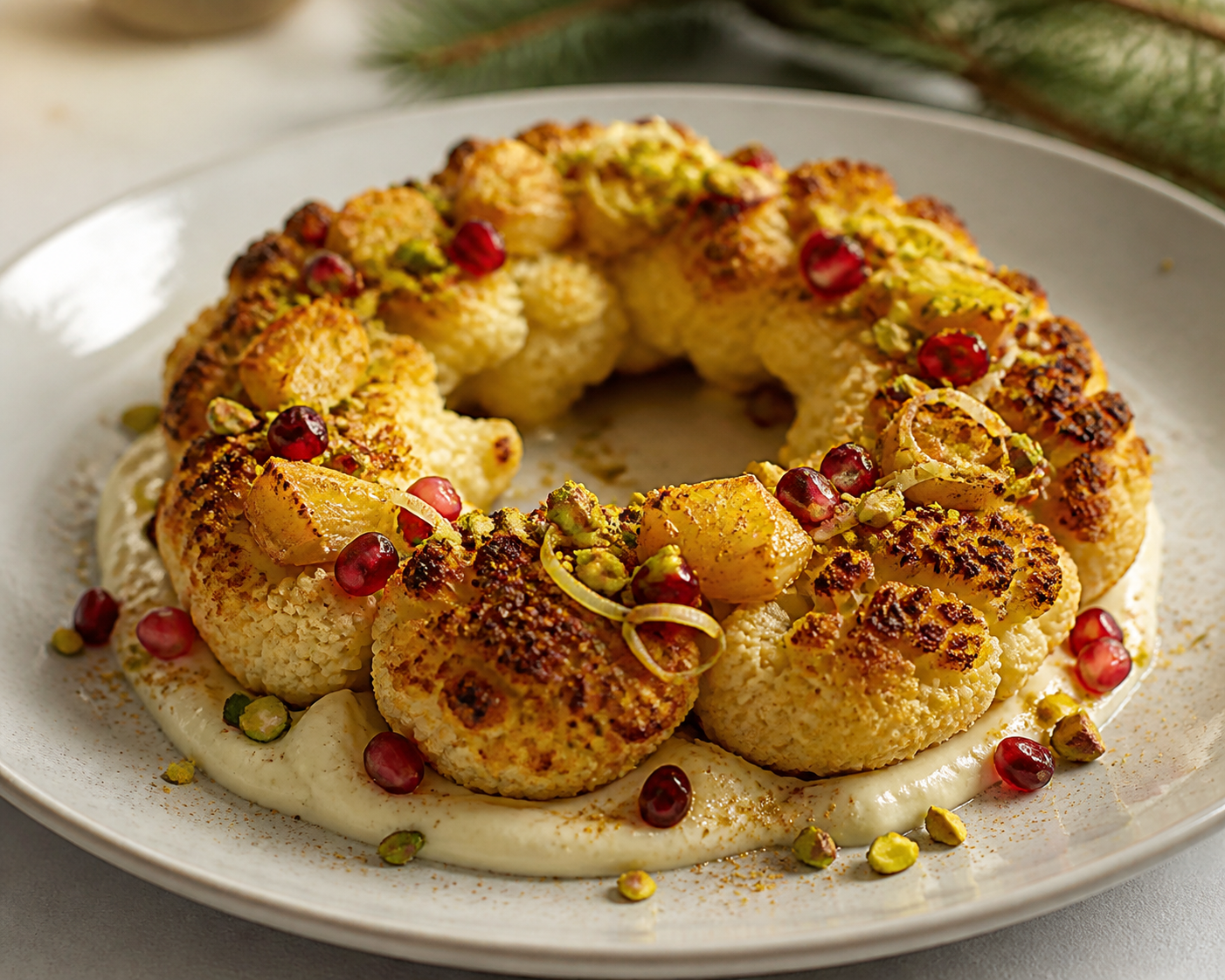 Christmas roasted cauliflower ring with Gruyère cream, pistachios, and spiced pomegranate