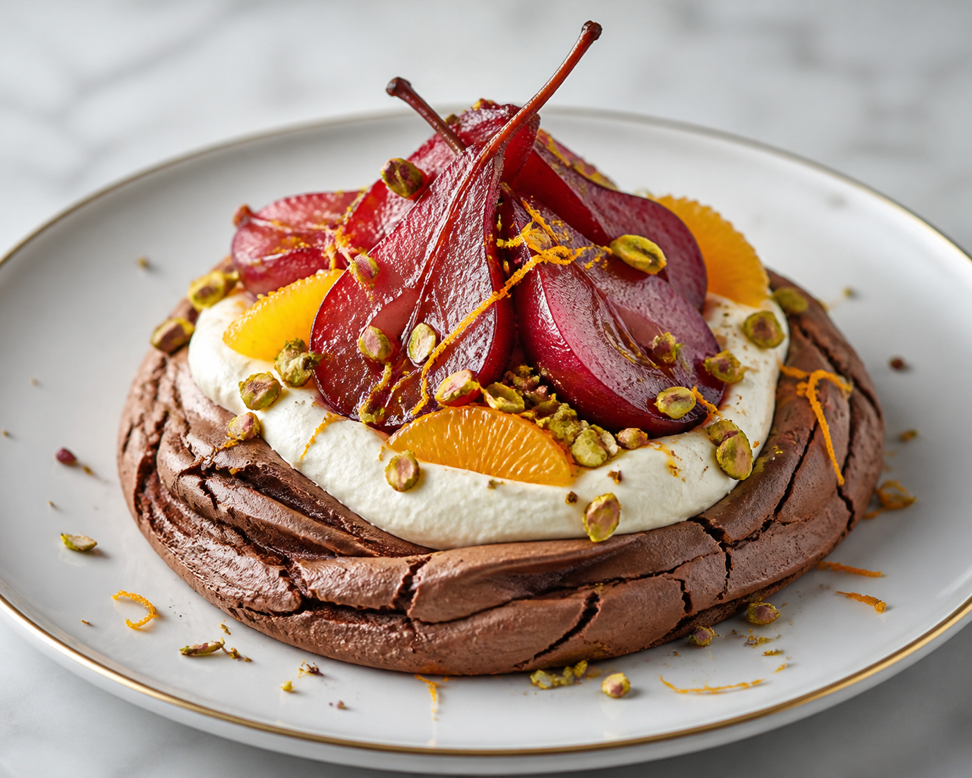 Christmas cocoa-orange pavlova with mascarpone cream, spiced wine pears and pistachios