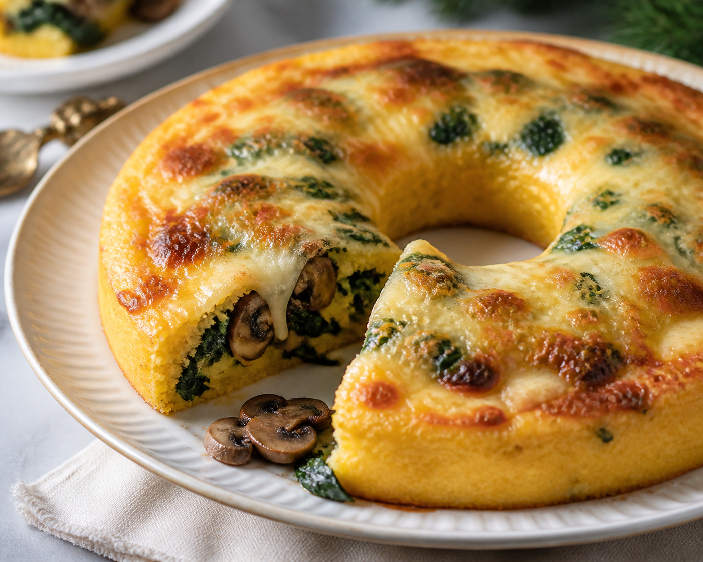 Christmas baked creamy polenta ring with marsala mushrooms, spinach and fontina crust