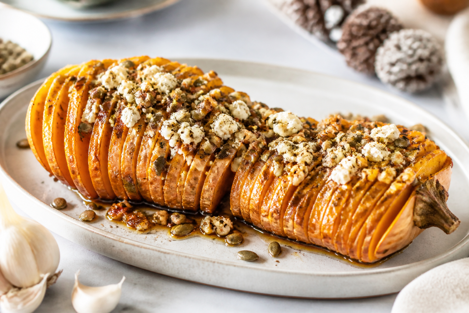 Acordeón navideño de calabaza hasselback con mantequilla de ajo rostizado, feta, miel especiada y semillas crujientes