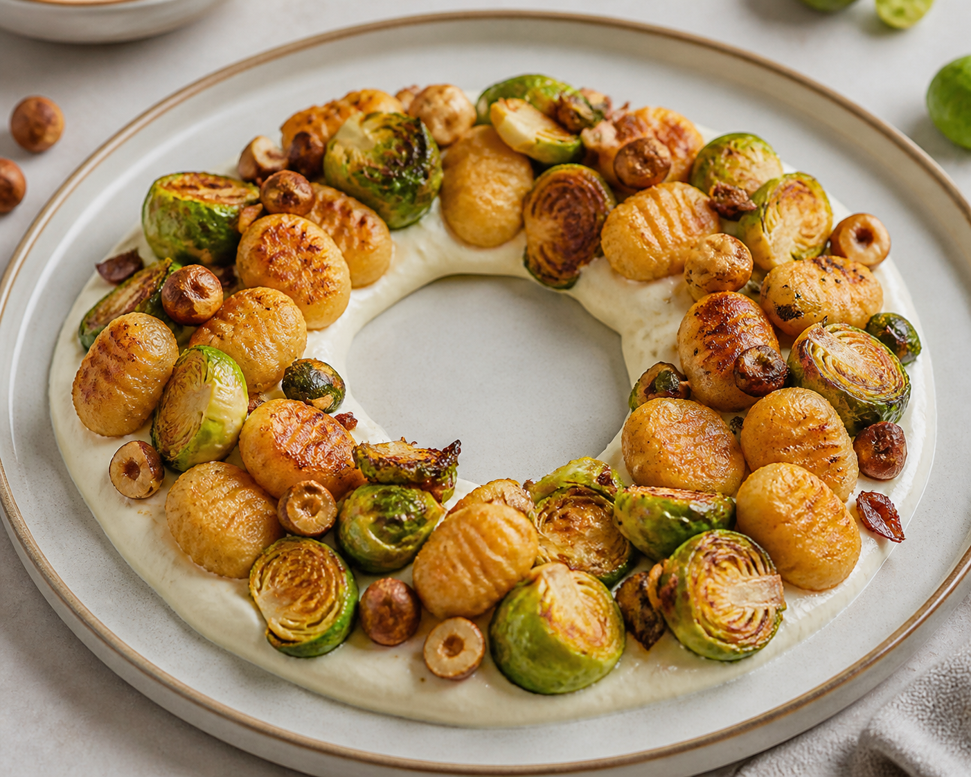 Guirnalda navideña de gnocchi crujiente con crema de parmesano, coles de Bruselas rostizadas y avellanas