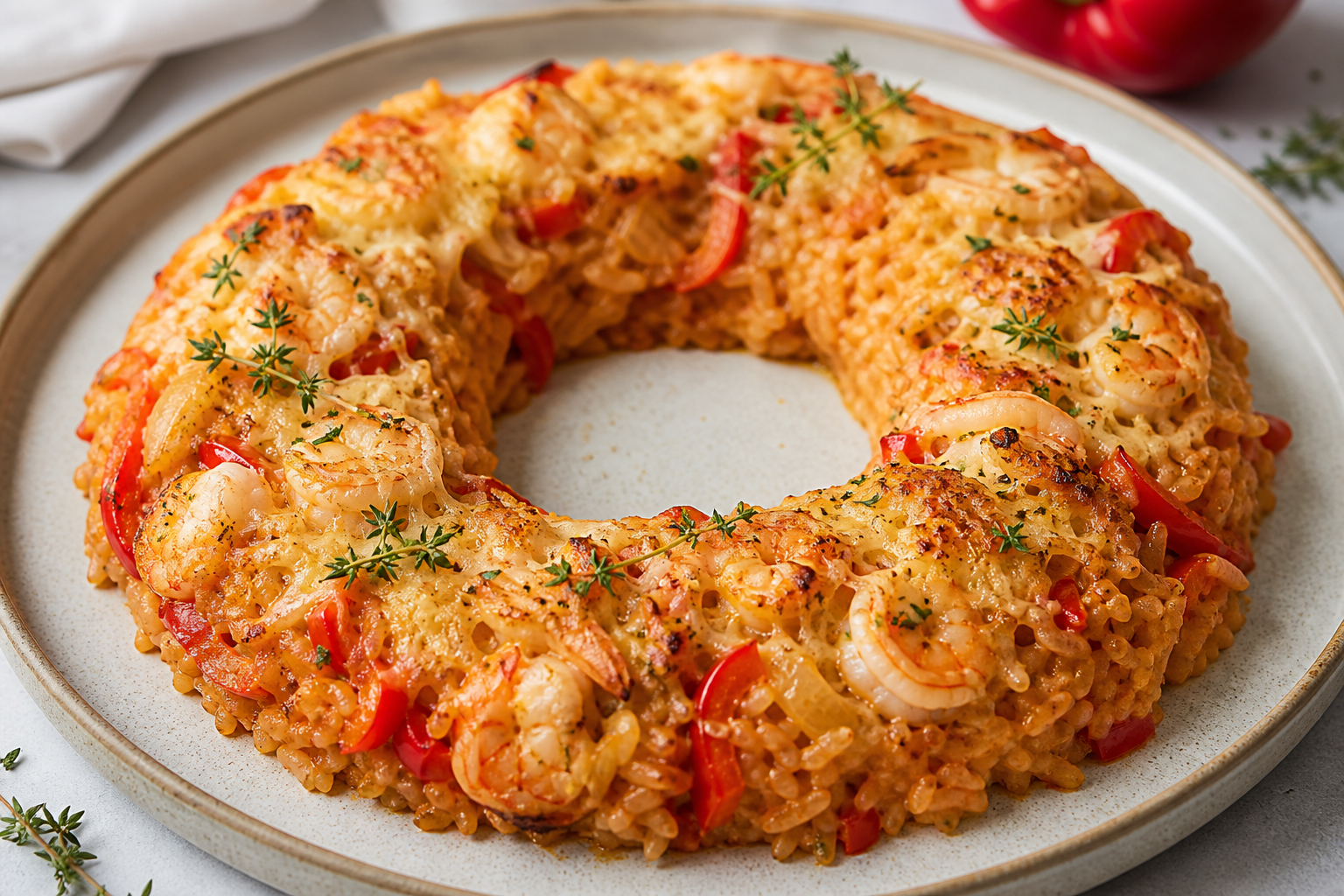 Corona navideña de arroz rojo cremoso con camarones al ajillo, pimientos asados y costra de queso manchego