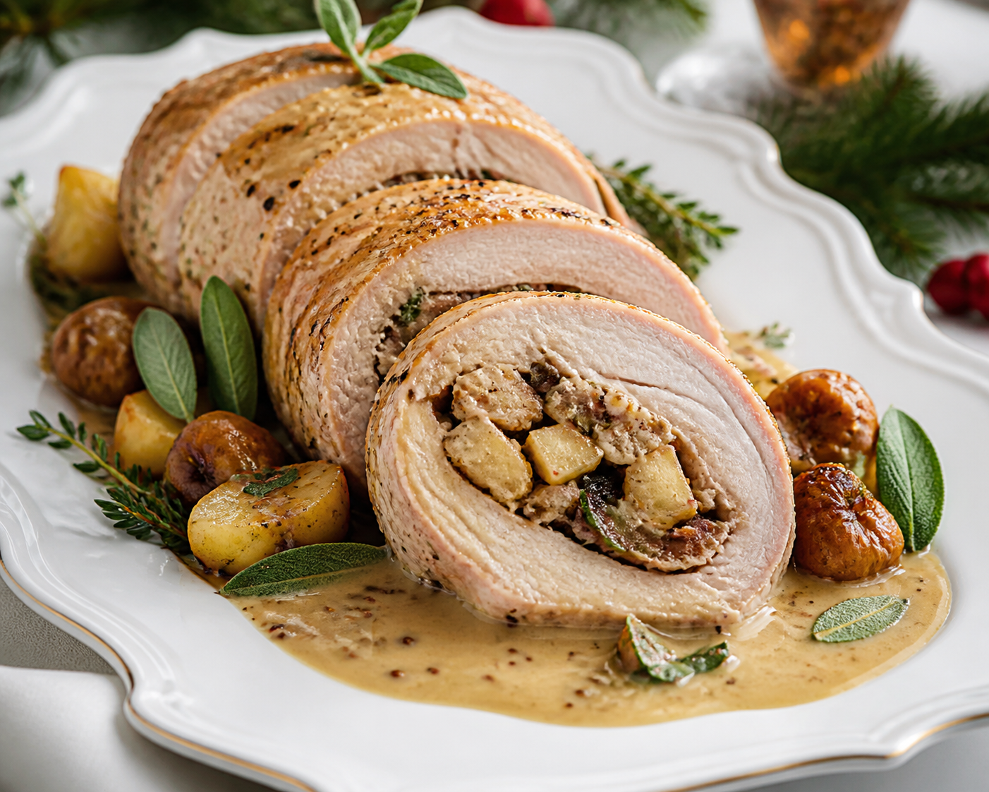 Rollo navideño de cerdo con relleno de manzana, salvia y castañas en salsa cremosa de mostaza y sidra