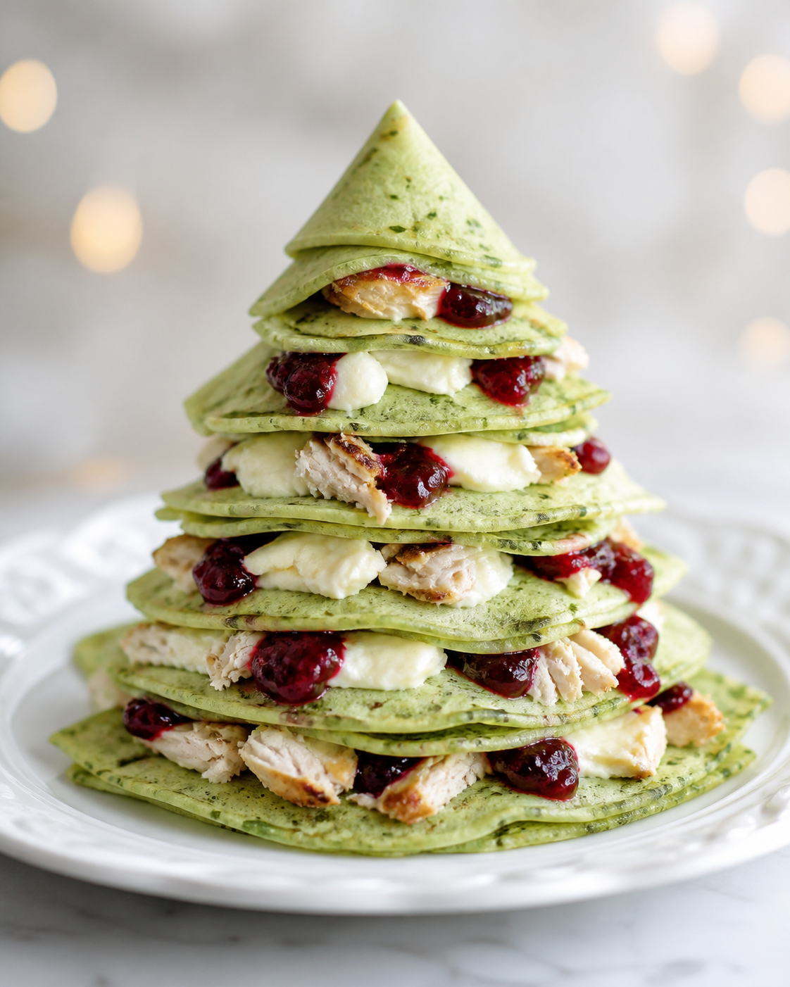 Abeto navideño de crepas de hierbas con pollo rostizado, queso suave y salsa tibia de arándanos especiados