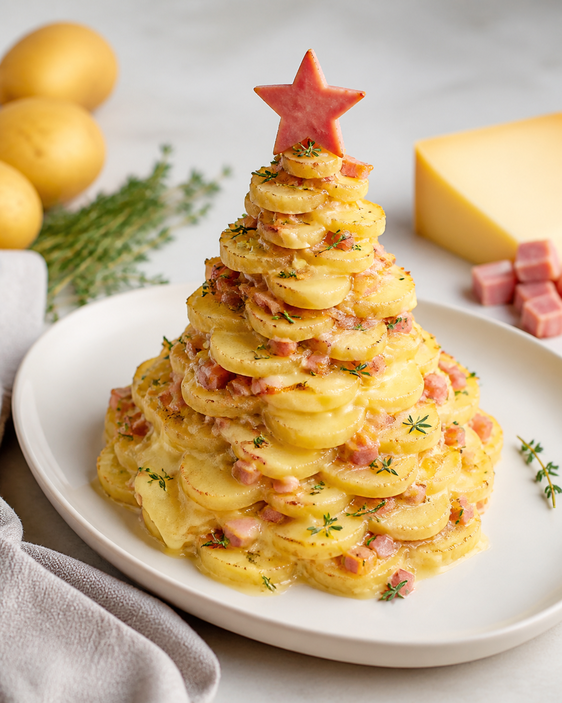 Christmas Potato Gratin Tree with Glazed Ham, Comté Cheese and Thyme Onions