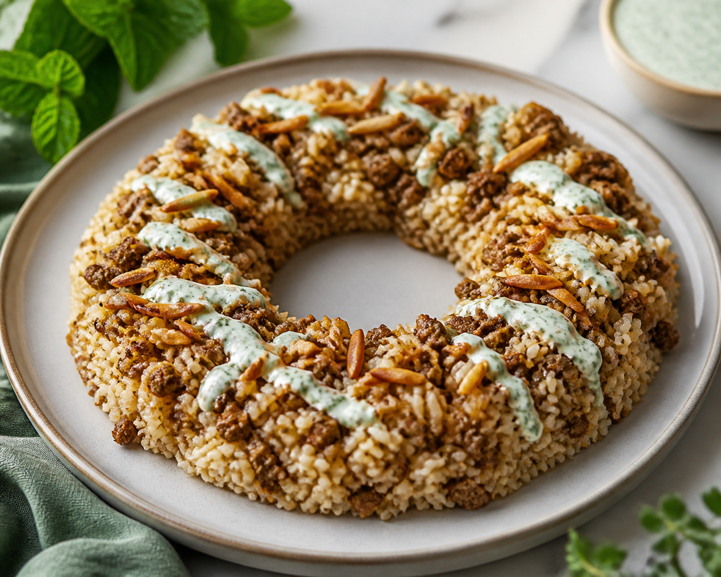 Corona navideña de arroz meloso con cordero especiado, yogur de menta y almendras doradas