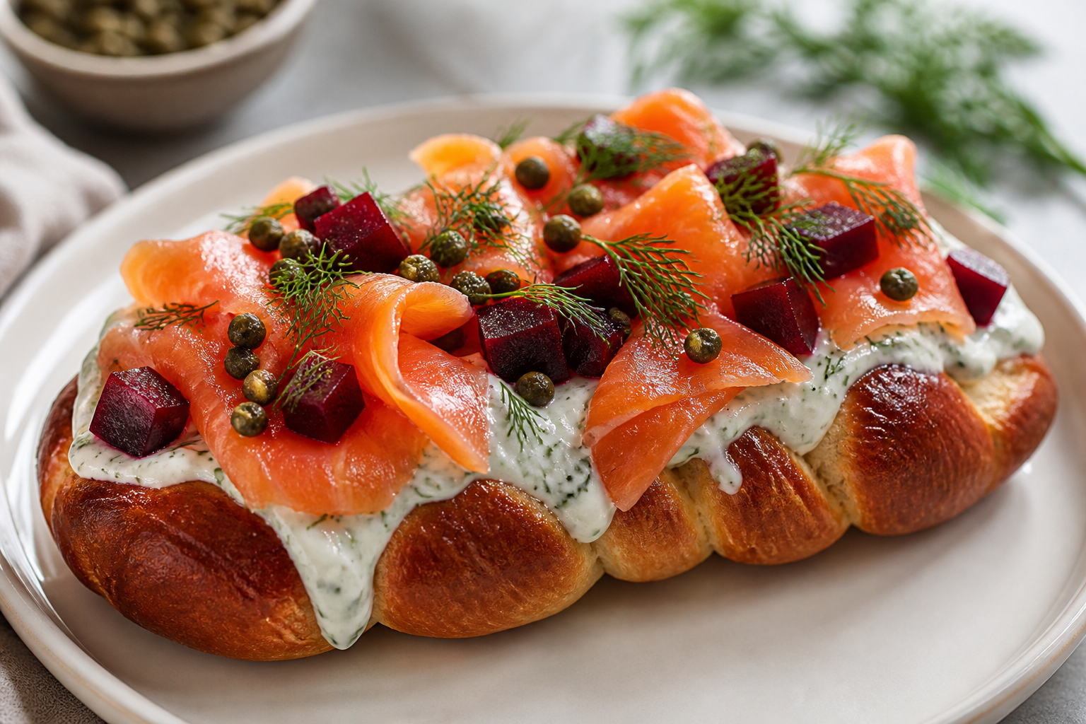 Christmas braided loaf with hot-smoked salmon, dill cream, roasted beetroot, and crispy capers