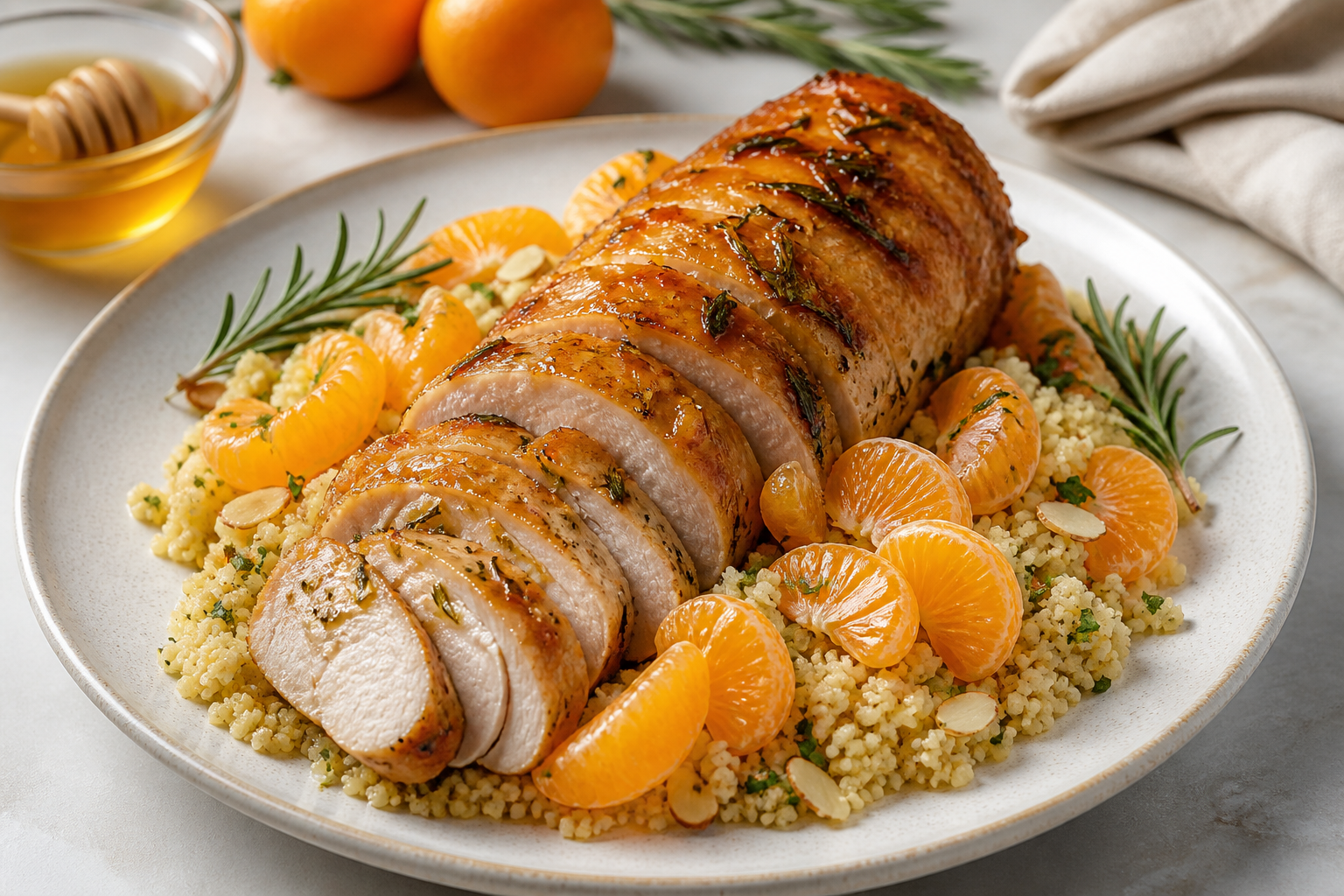 Rosetón navideño de pavo glaseado con mandarina y romero sobre cuscús cremoso de almendra
