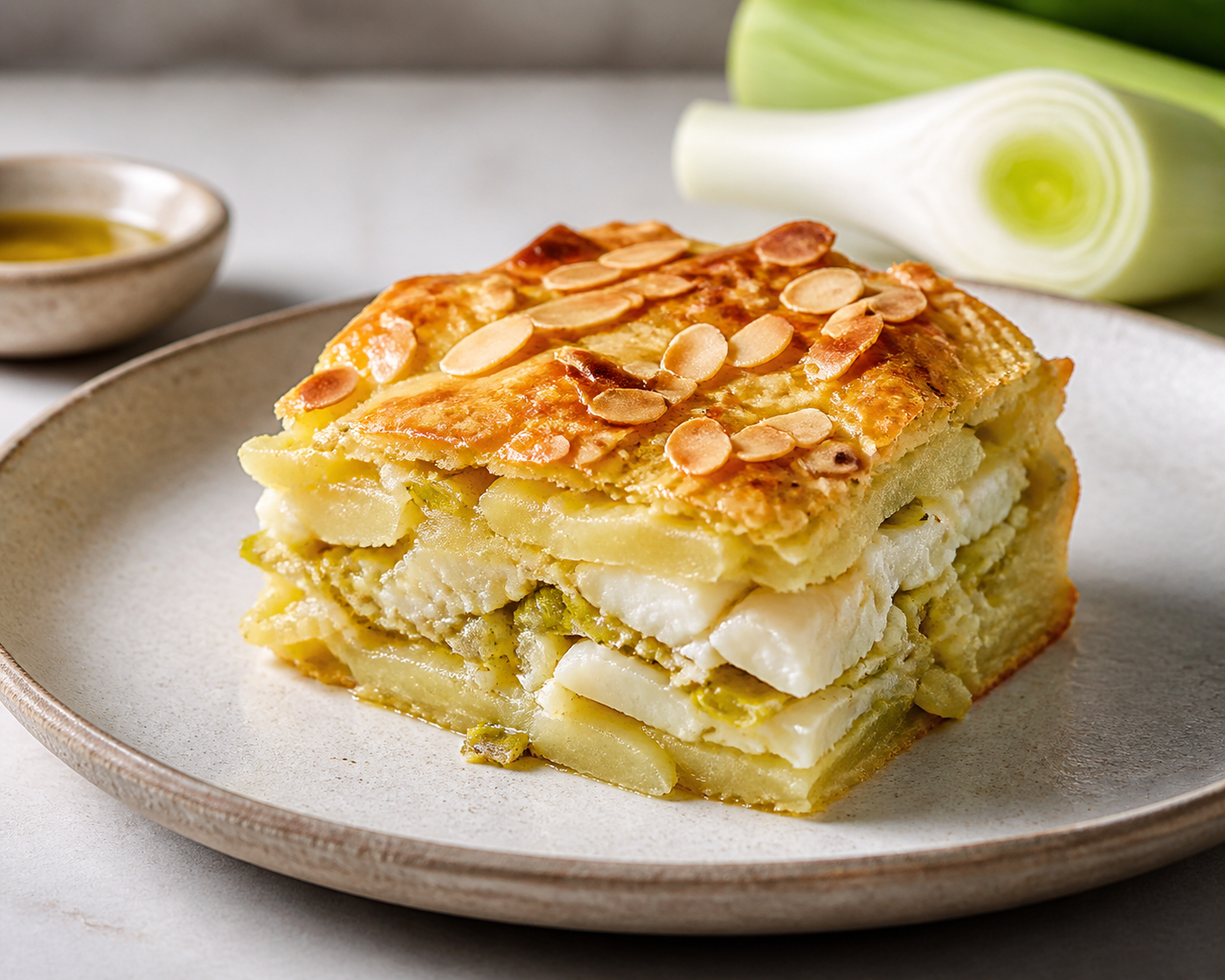 Pastel navideño de capas de papa, bacalao confitado, puerro cremoso y costra de almendra