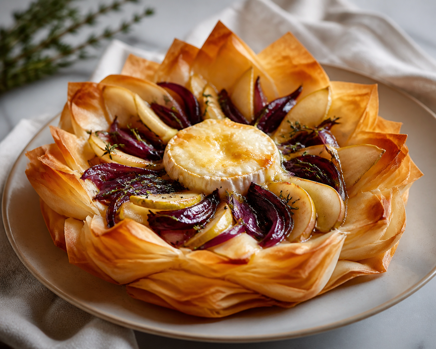 Flor navideña de pasta filo con camembert, cebolla morada al vino y peras al tomillo