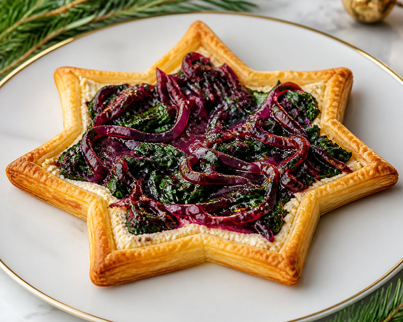 Estrella navideña de masa quebrada con ricotta al limón, espinacas salteadas y cebollas rubí glaseadas