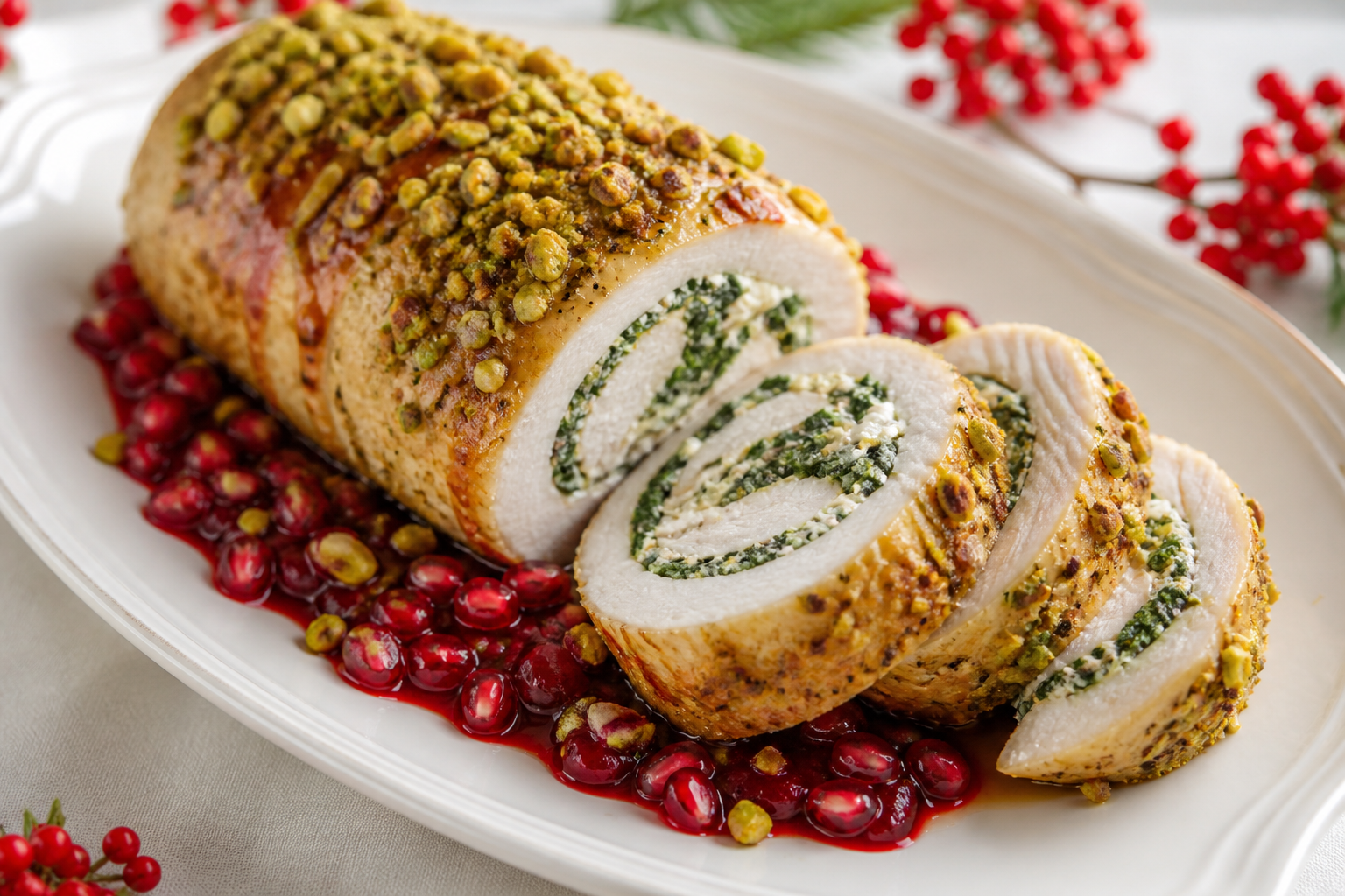 Roulade navideña de pavo con costra de pistacho, relleno cremoso de espinaca y salsa de granada especiada