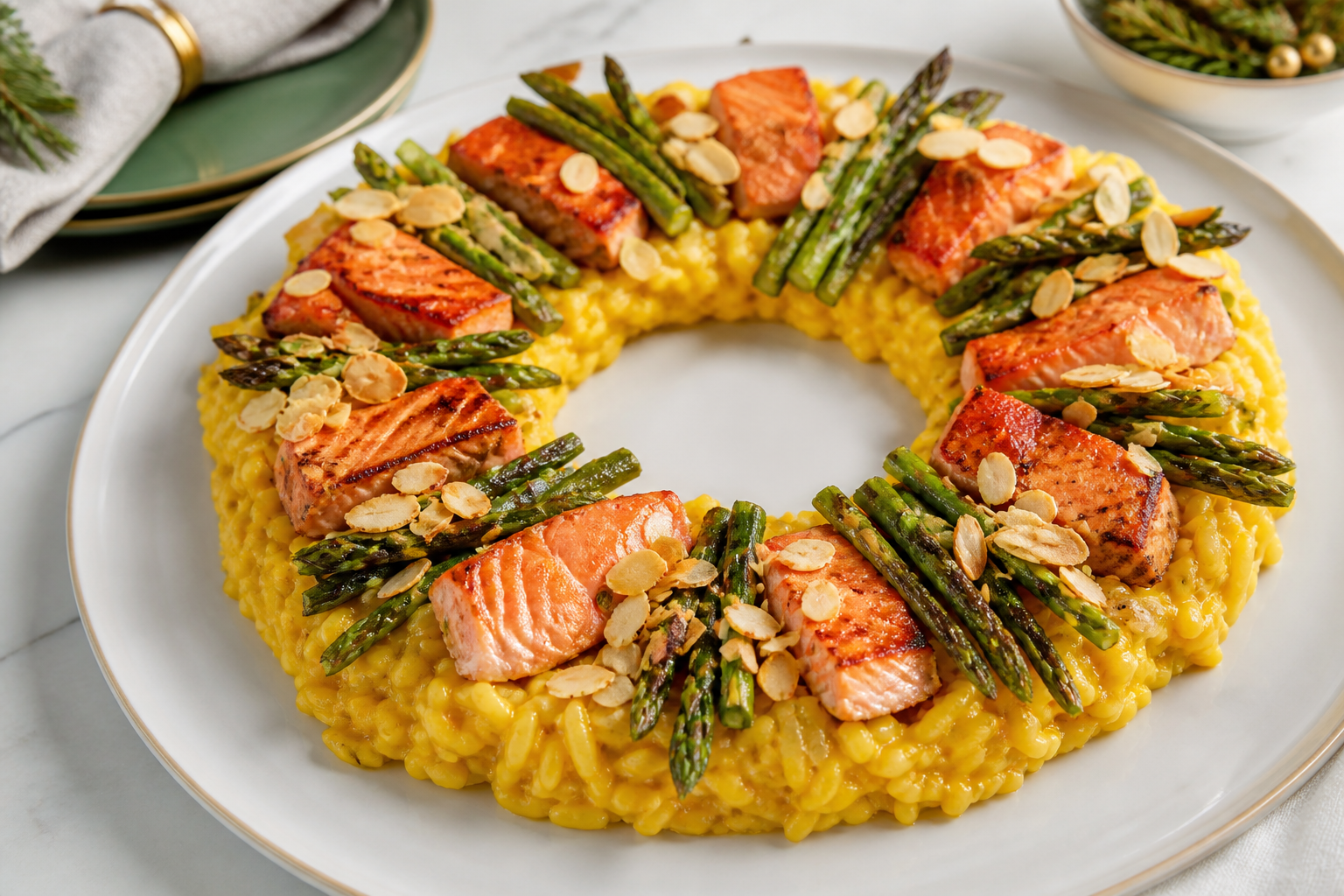 Corona navideña de arroz cremoso al azafrán con salmón glaseado, espárragos asados y crocante de almendra
