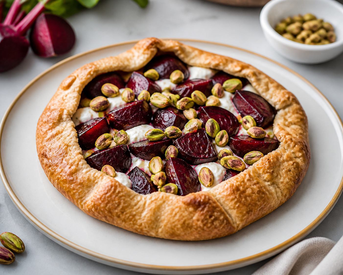 Galette navideña de remolacha asada, queso de cabra batido y pistachos al arce