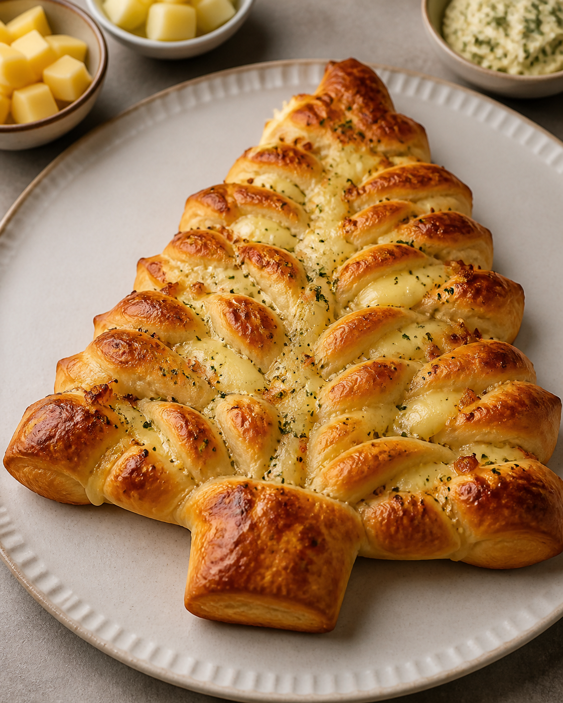 Árbol navideño de pan de papa relleno de queso ahumado, cebollas doradas y mantequilla de hierbas