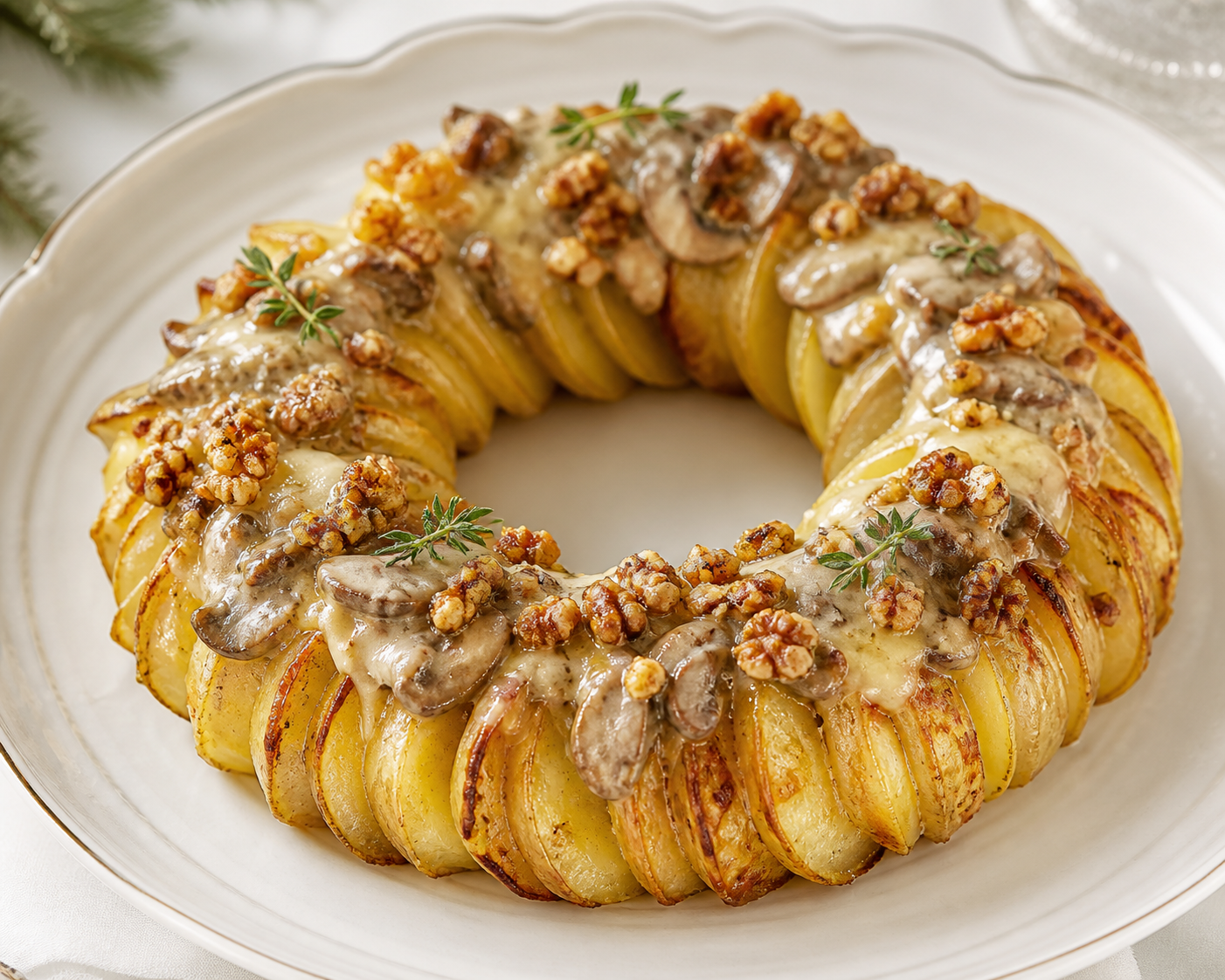 Corona navideña de milhojas de papa con ragú cremoso de setas, queso taleggio y migas de nuez especiada