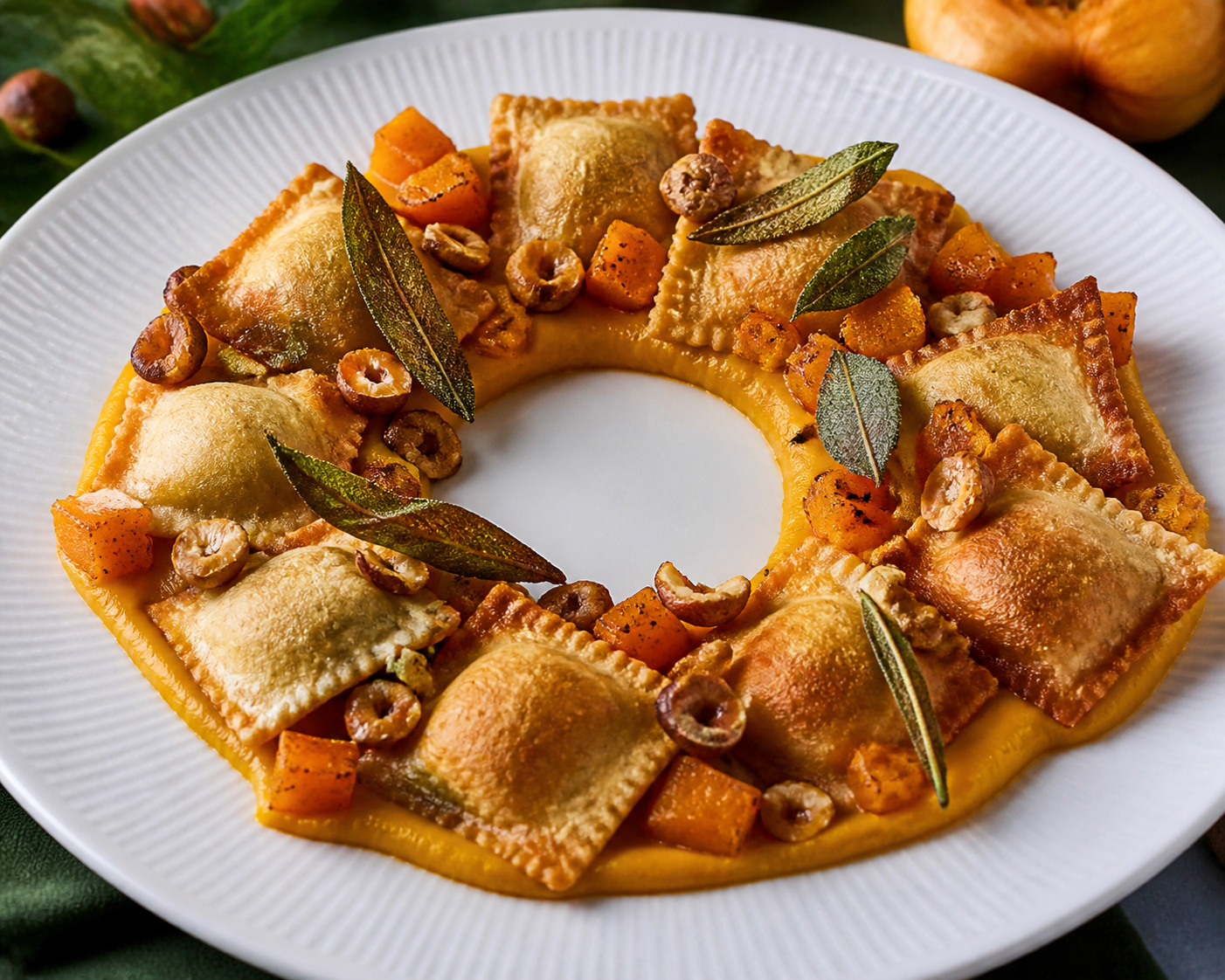 Guirnalda navideña de ravioles crujientes con crema de calabaza asada, salvia tostada y lluvia de avellanas