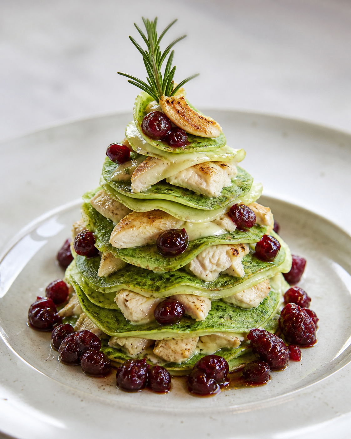 Árbol navideño de crepes verdes con pollo al romero, salsa suave de puerro y arándanos balsámicos