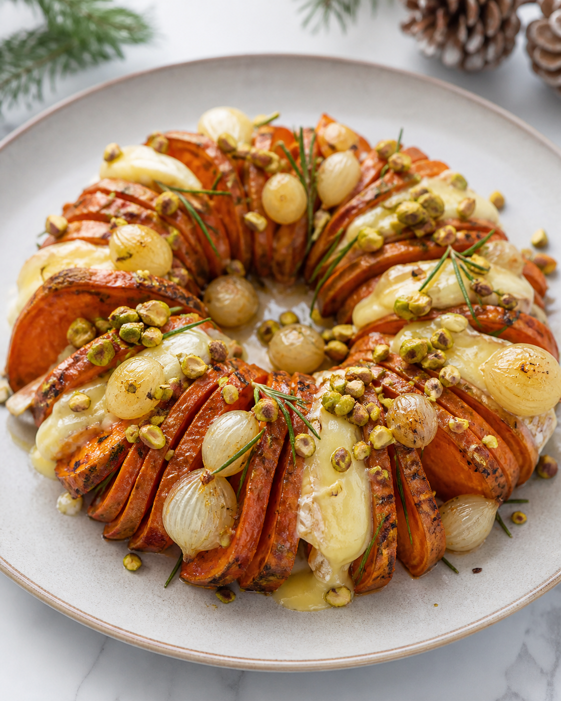 Corona navideña de boniato hasselback con brie fundido, cebollitas glaseadas y pistachos al romero